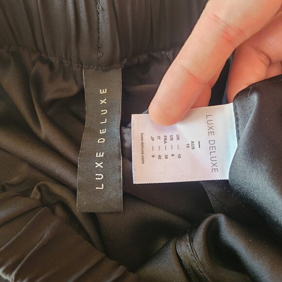 Luxe Deluxe Luxe Leg Wrap Pant Black Trouser Size 6 Silk Slim Tapered Bottom - Picture 5 of 5